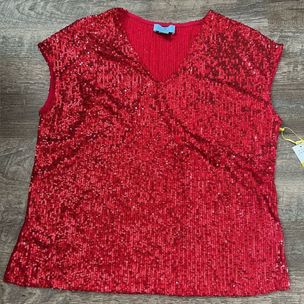 CeCe Sequined V-Neck Cap-Sleeve Red Blouse-Size Medium